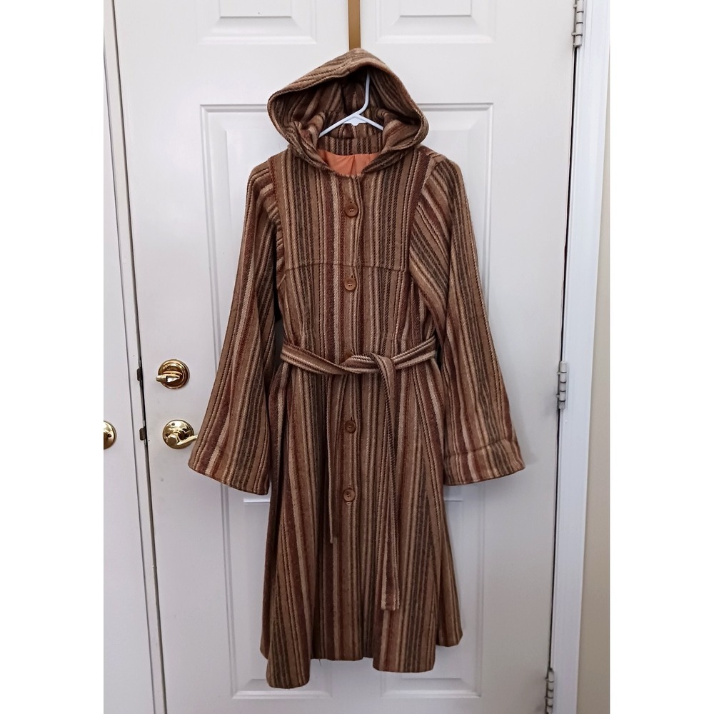 Vintage 70s‎ Wool Striped Hooded Coat Tie Waist Medium
